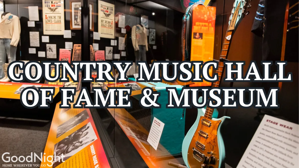 A vibrant interior scene from the Country Music Hall of Fame, showcasing guitars, stage wear, and museum signage, inviting visitors to explore Nashville's rich musical heritage through interactive and visually engaging exhibits.