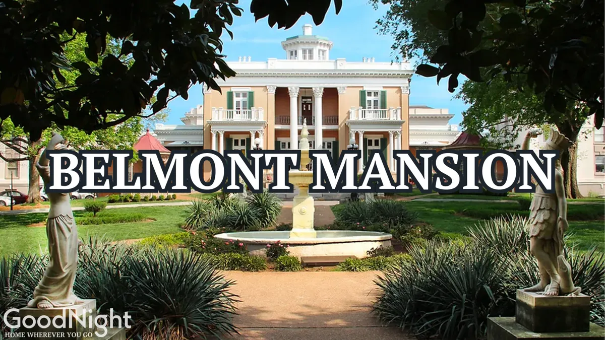This exterior image highlights the historic Belmont Mansion, with its elegant architecture, a fountain, and garden statues. The lush greenery and cultivated grounds invite leisurely strolls and exploration, underscoring the area’s historical significance.
