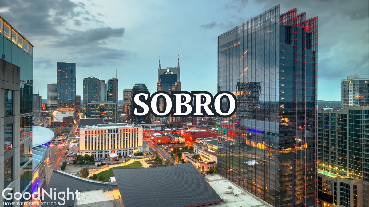A vibrant exterior scene featuring the word 'SOBRO' prominently displayed, surrounded by the city skyline and illuminated buildings at dusk. The image captures the pulse of city life and the promise of nightlife, dining, and connection just beyond the rooftop retreat.