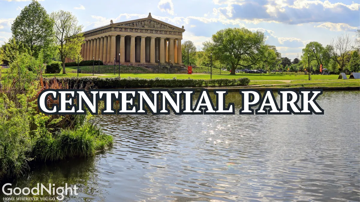 This image features the Parthenon replica in Nashville's Centennial Park, set beside a reflecting pond surrounded by lush greenery. The scene captures a calm, vibrant atmosphere perfect for outdoor family activities like walking, picnicking, and attending seasonal festivals.